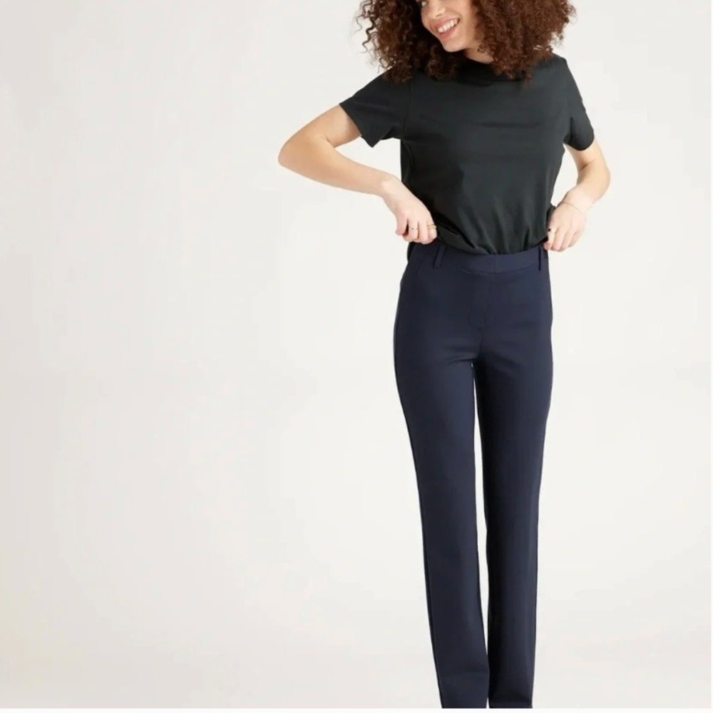 Quince Work Pants Women M Petite Navy Blue Stretch Ponte Straight Leg Pull On
